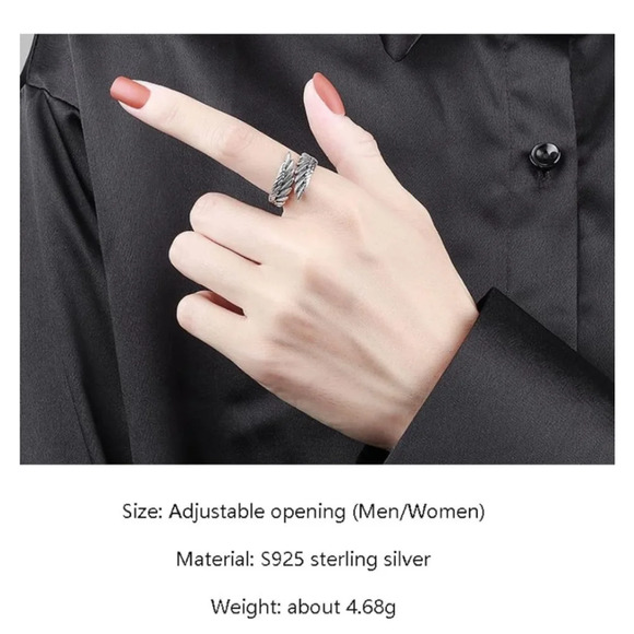 NEW Carved Unisex 925 Sterling Silver Adjustable Angel Wing Ring - Picture 7 of 15